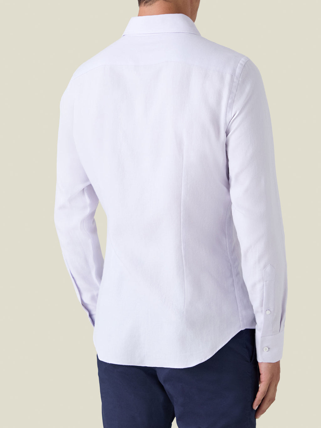 Back view of the Luca Faloni Cashmere-Cotton Shirt in Lilac, showcasing the tailored fit on a model.