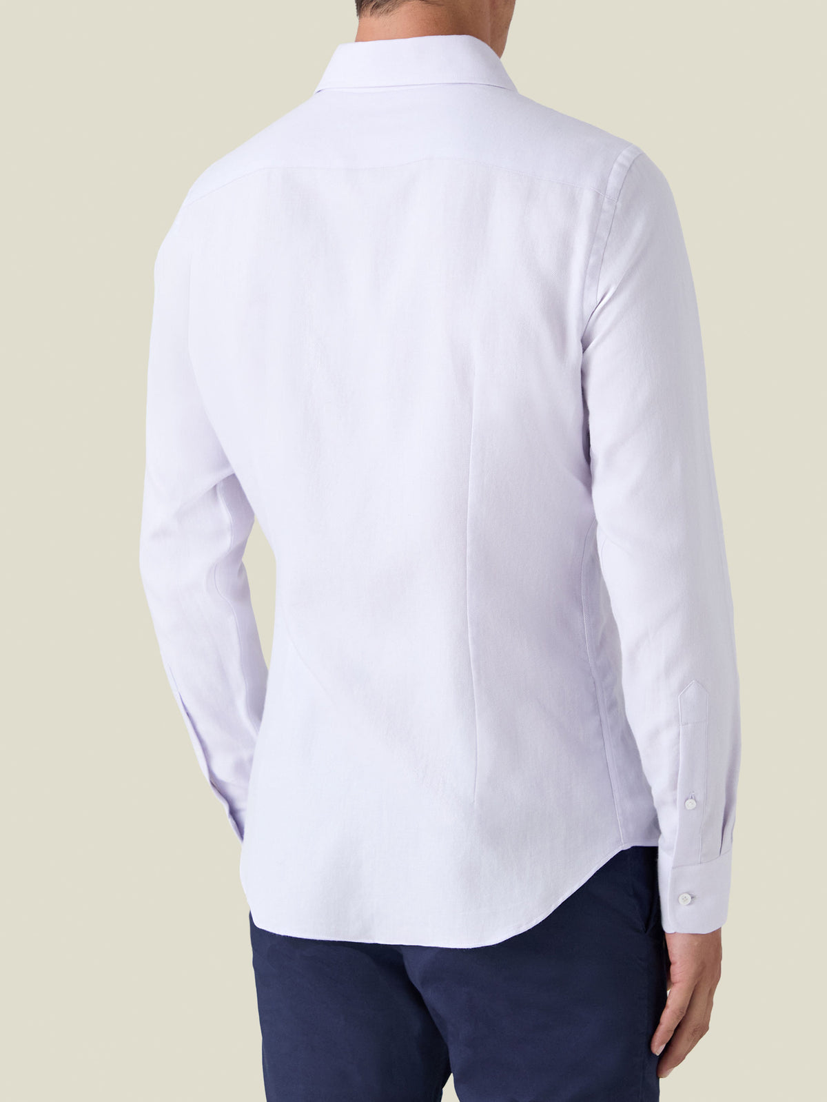 Back view of the Luca Faloni Cashmere-Cotton Shirt in Lilac, showcasing the tailored fit on a model.