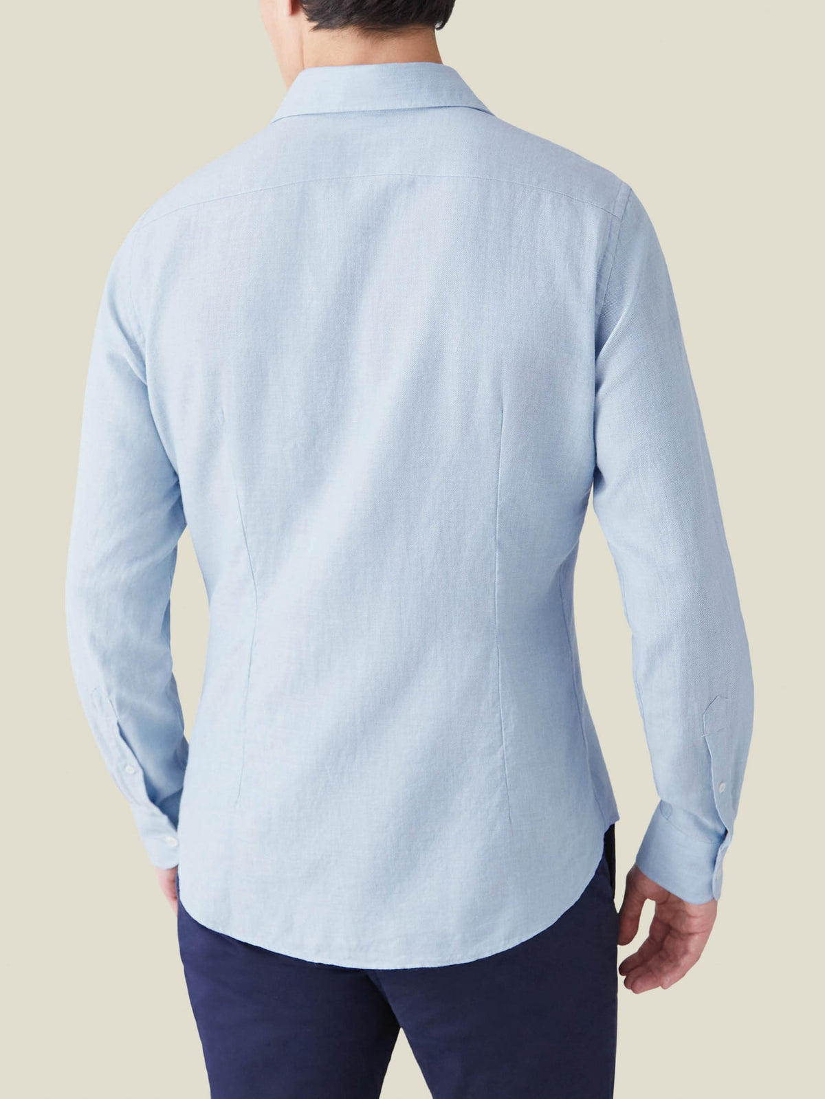 Back view of a man wearing the Luca Faloni Cashmere-Cotton Shirt in light blue.
