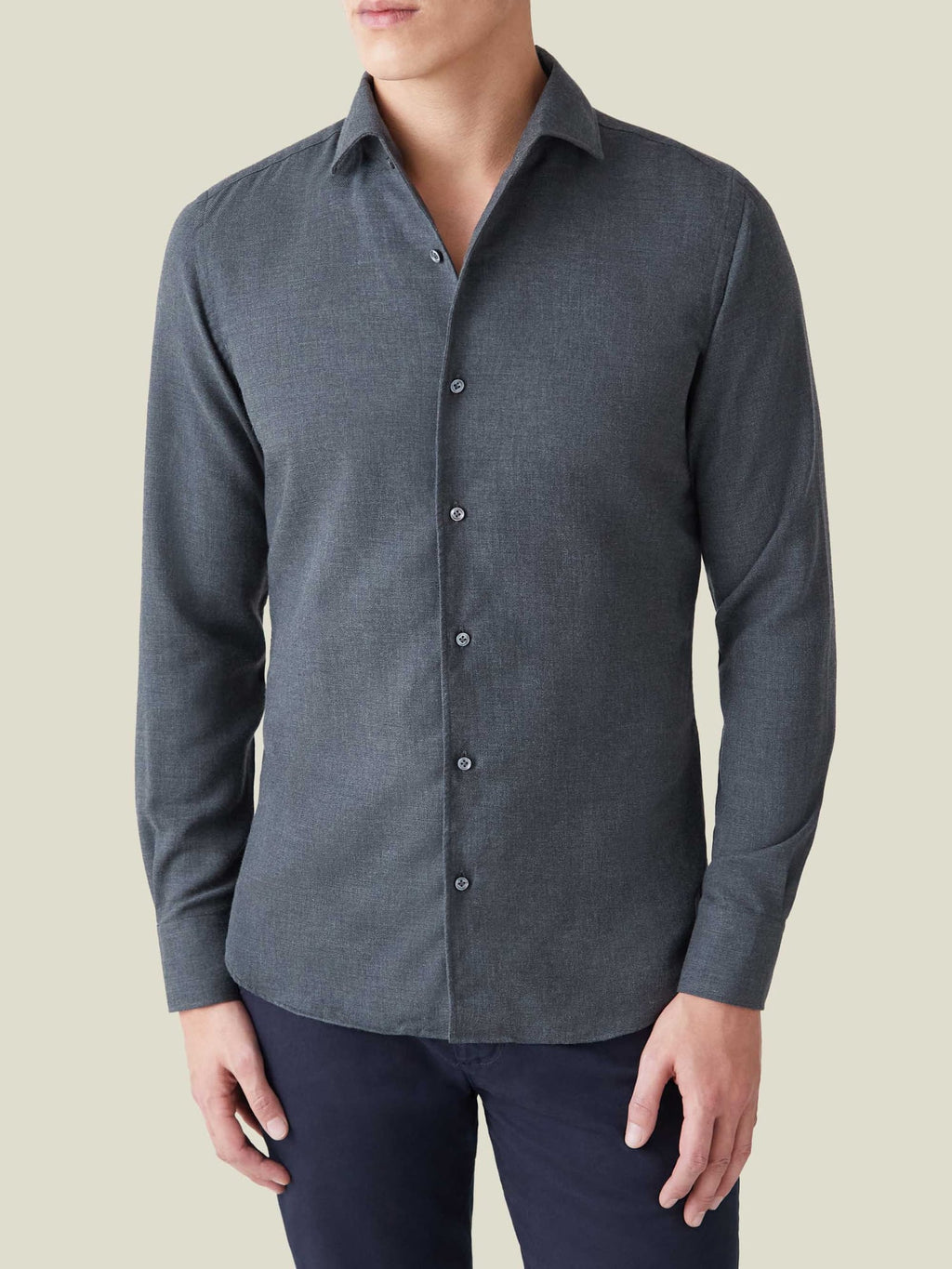 Model from the front wearing the Cashmere-Cotton Shirt in Charcoal Grey, highlighting the one-piece collar and slim fit.