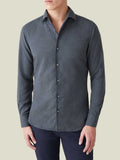 Model from the front wearing the Cashmere-Cotton Shirt in Charcoal Grey, highlighting the one-piece collar and slim fit.
