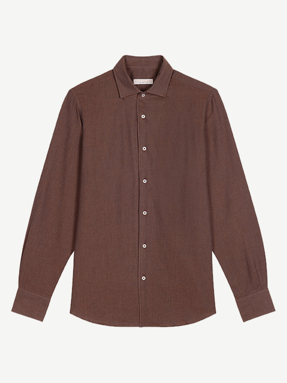 Front view of the Luca Faloni Cashmere-Cotton Shirt in rust, laid flat on a plain background.
