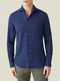 Front view of a model wearing the Luca Faloni Navy Blue Cashmere-Cotton Shirt.