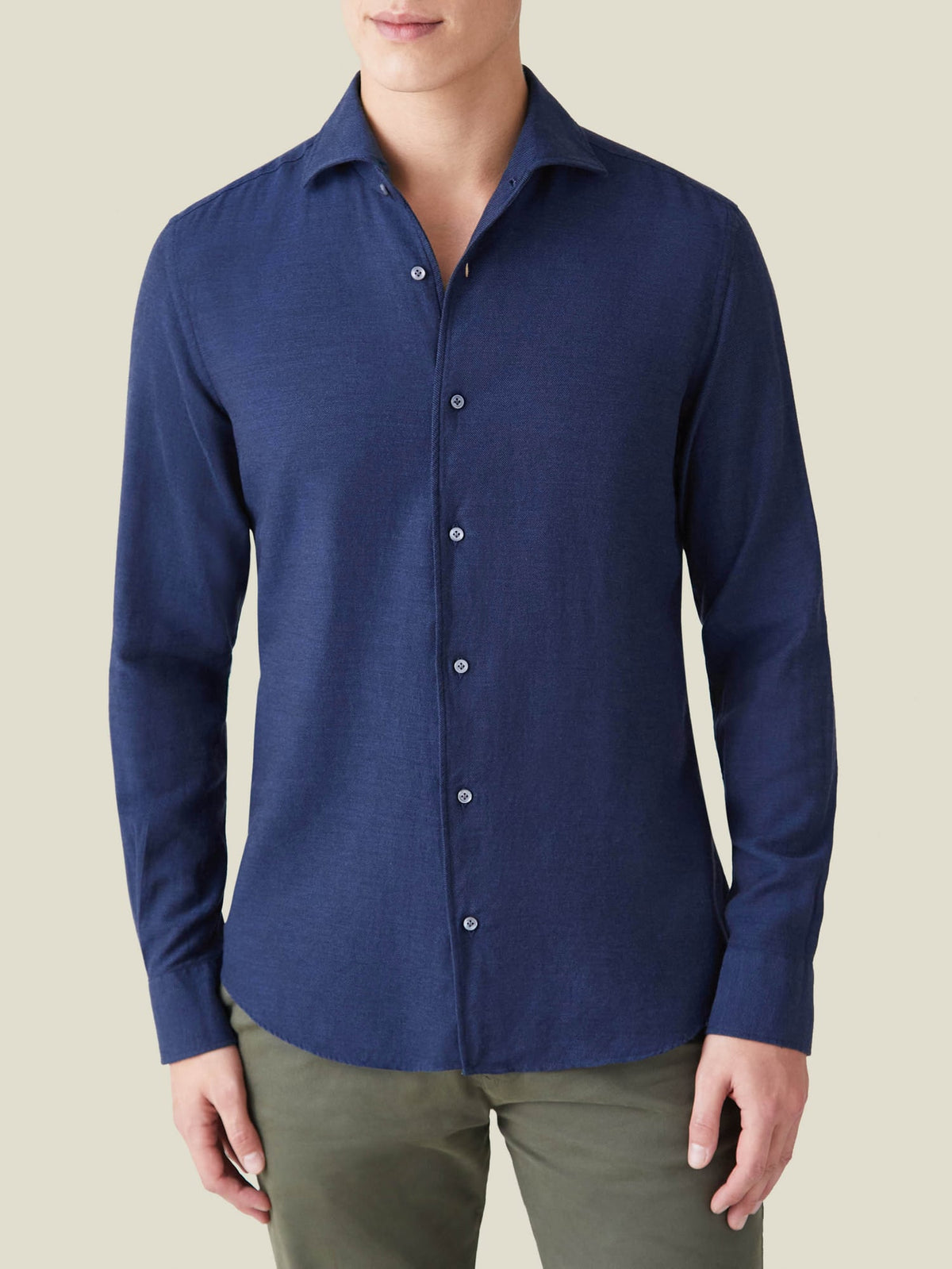 Front view of a model wearing the Luca Faloni Navy Blue Cashmere-Cotton Shirt.