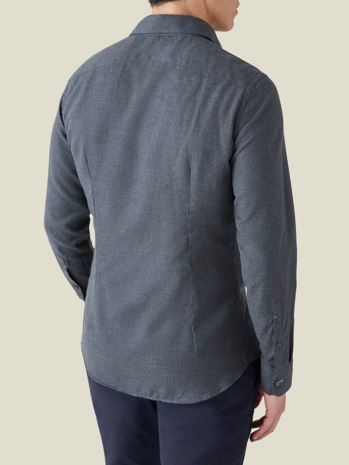 Back view of a model in the Charcoal Grey Cashmere-Cotton Shirt, highlighting the tailored fit and rich mélange texture.