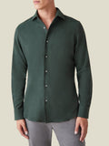 Front view of a model wearing the Forest Green Cashmere-Cotton Shirt, highlighting its soft mélange texture and slim fit.