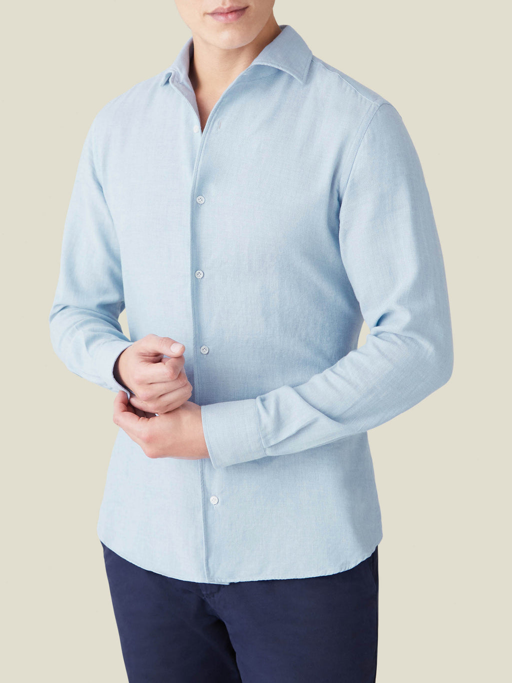 Front view of a model wearing the Luca Faloni light blue Cashmere-Cotton Shirt.