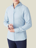 Front view of a model wearing the Luca Faloni light blue Cashmere-Cotton Shirt.