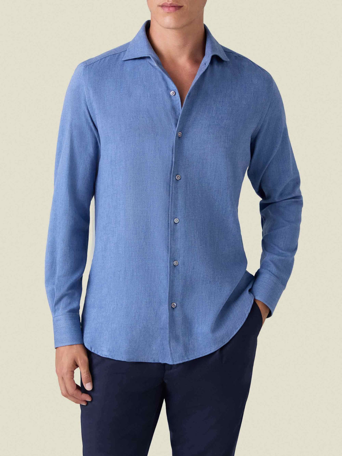 Front view of a man wearing the Luca Faloni Steel Blue Cashmere-Cotton Shirt with dark trousers against a studio background.