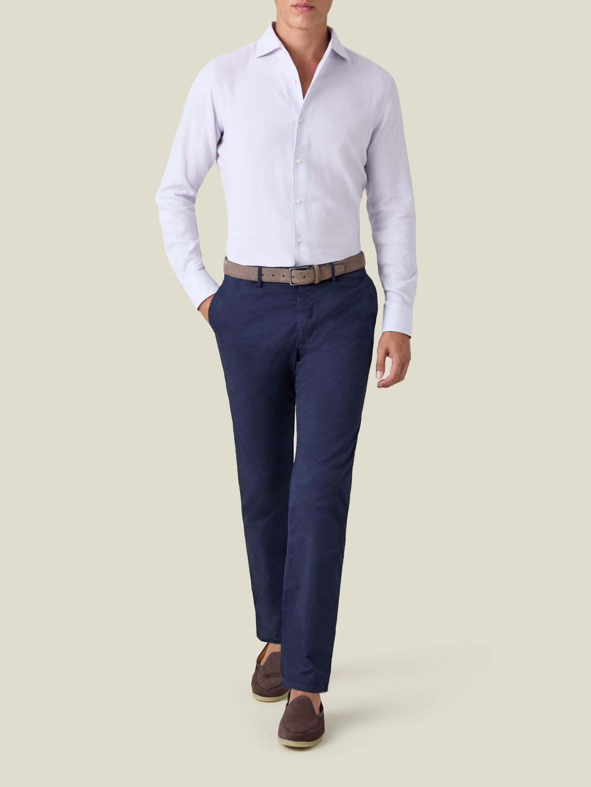 Full-length view of a model wearing the Lilac Cashmere-Cotton Shirt paired with navy trousers and brown loafers.