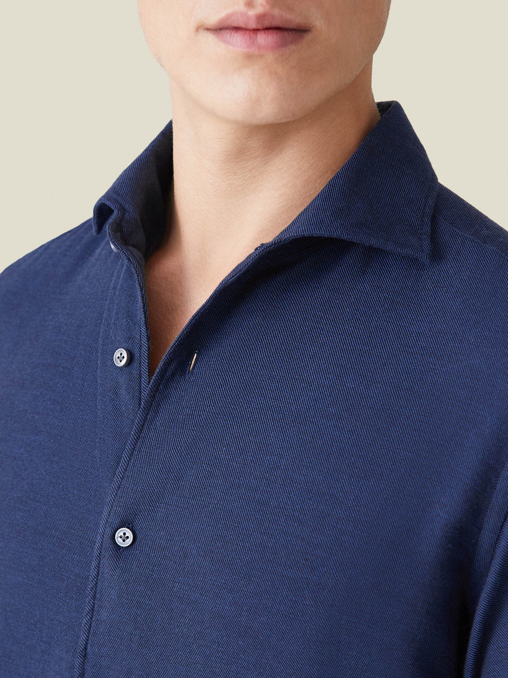 Detailed view of the Navy Blue Cashmere-Cotton Shirt, showcasing the one-piece collar and soft mélange fabric texture.