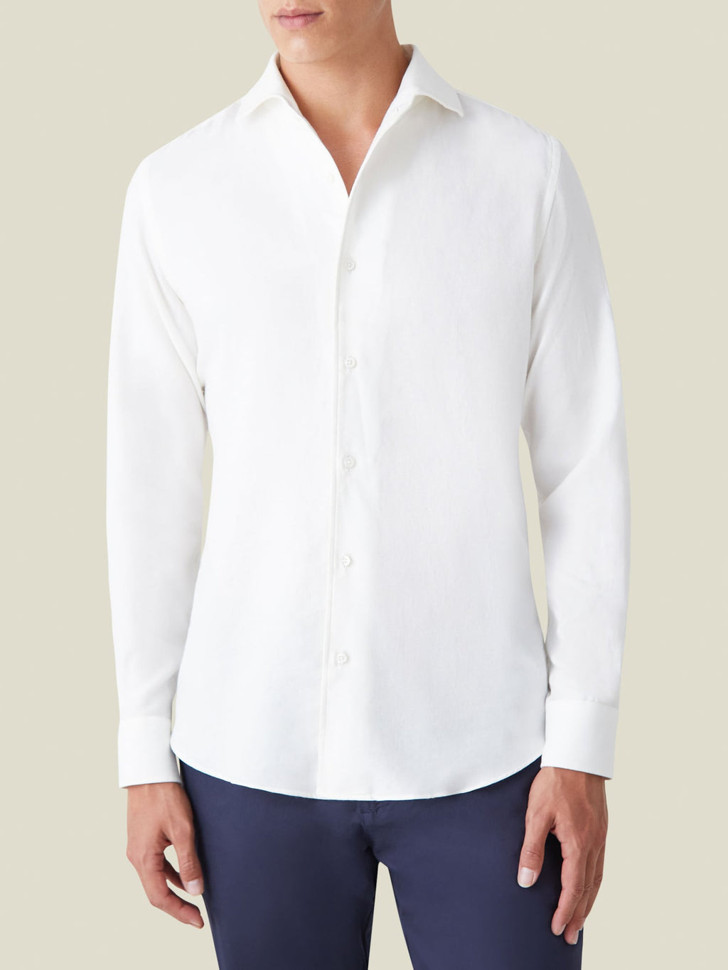 Front view of a model wearing the Luca Faloni Cashmere-Cotton Shirt in white.