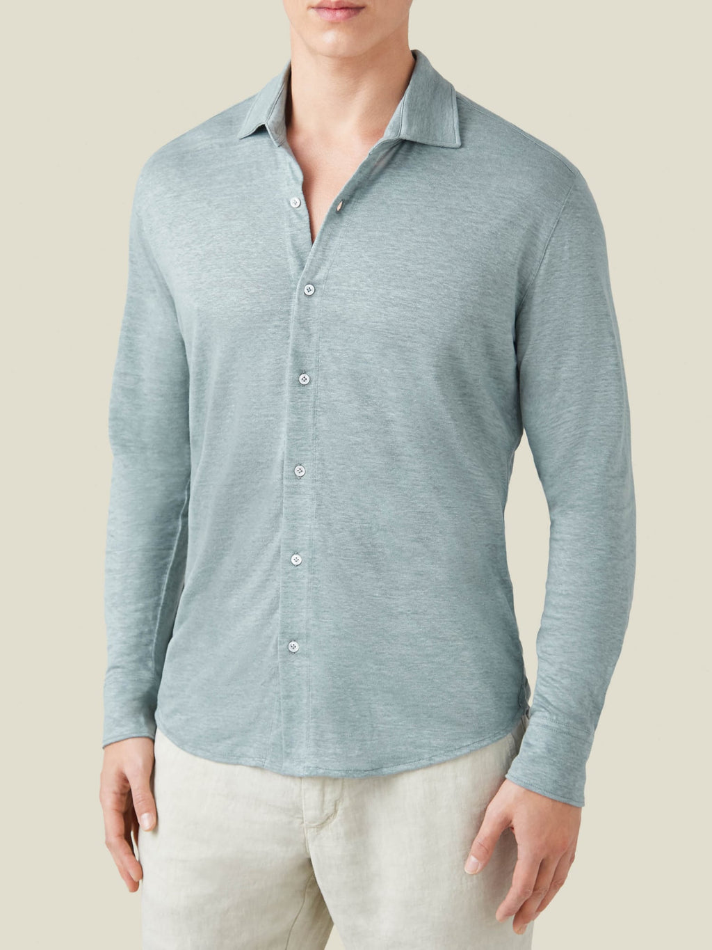 Front view of a model wearing the Luca Faloni Linen Jersey Shirt in Sea Grey.