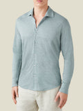 Front view of a model wearing the Luca Faloni Linen Jersey Shirt in Sea Grey.