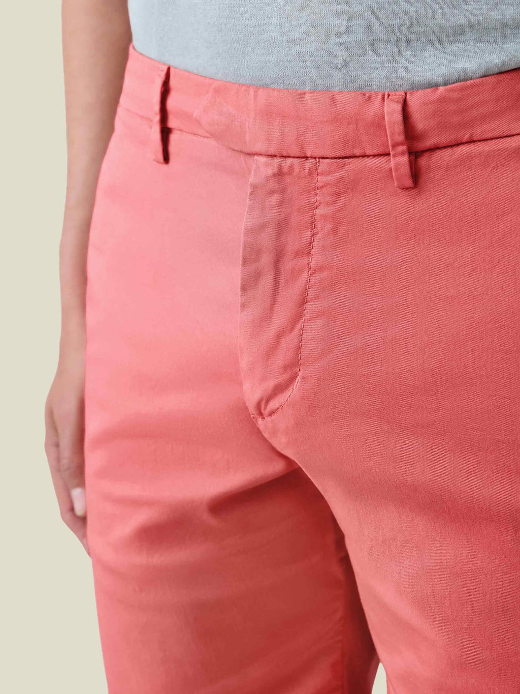 A close-up detail of the Luca Faloni Cotton Shorts in Strawberry, showcasing the whipcord cotton fabric and waistband.