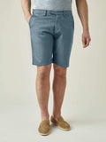 Front view of a model wearing Luca Faloni's Light Blue Cotton Shorts with a grey t-shirt and brown suede loafers.