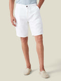 Front view of a model wearing Luca Faloni's white Bermuda linen shorts, styled with cream espadrilles.