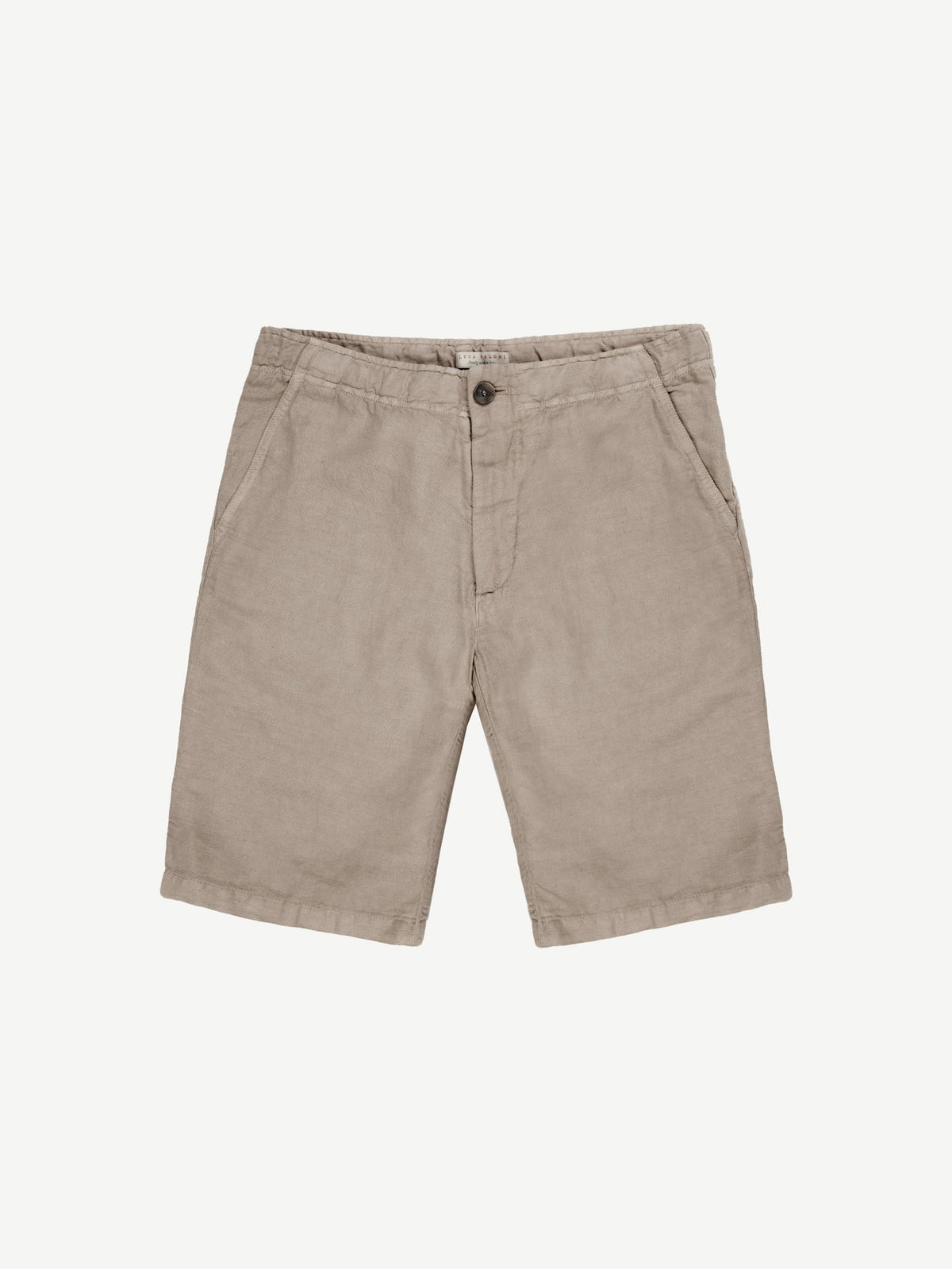 Front view of the Luca Faloni Bermuda Linen Shorts in sand, laid flat on a white background.