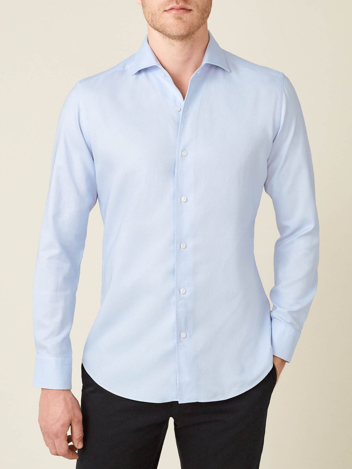 Front view of a model wearing the Luca Faloni light blue Oxford Cotton Shirt.
