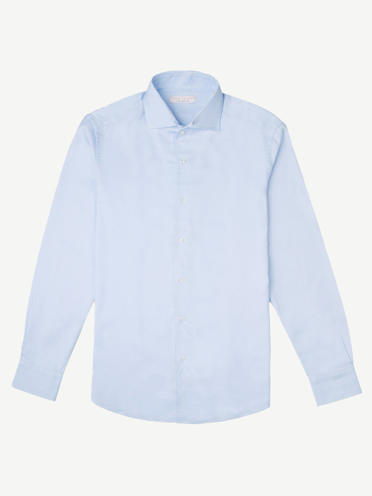 Front view of the Luca Faloni Oxford Cotton Shirt in light blue, laid flat.