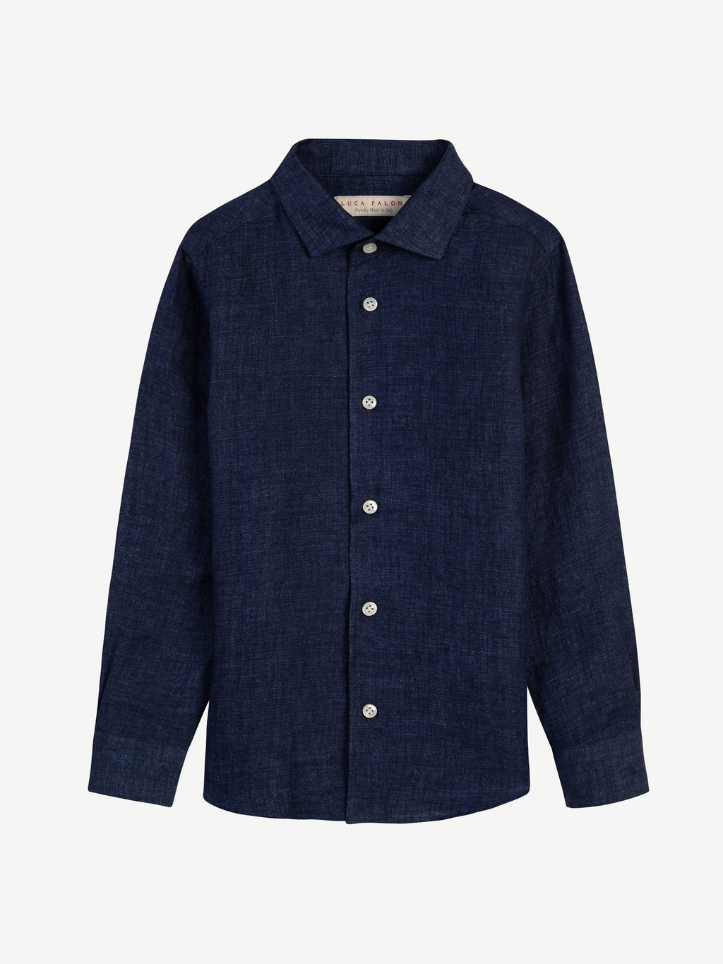 Front view of the Portofino Junior Linen Shirt in dark blue, laid flat.
