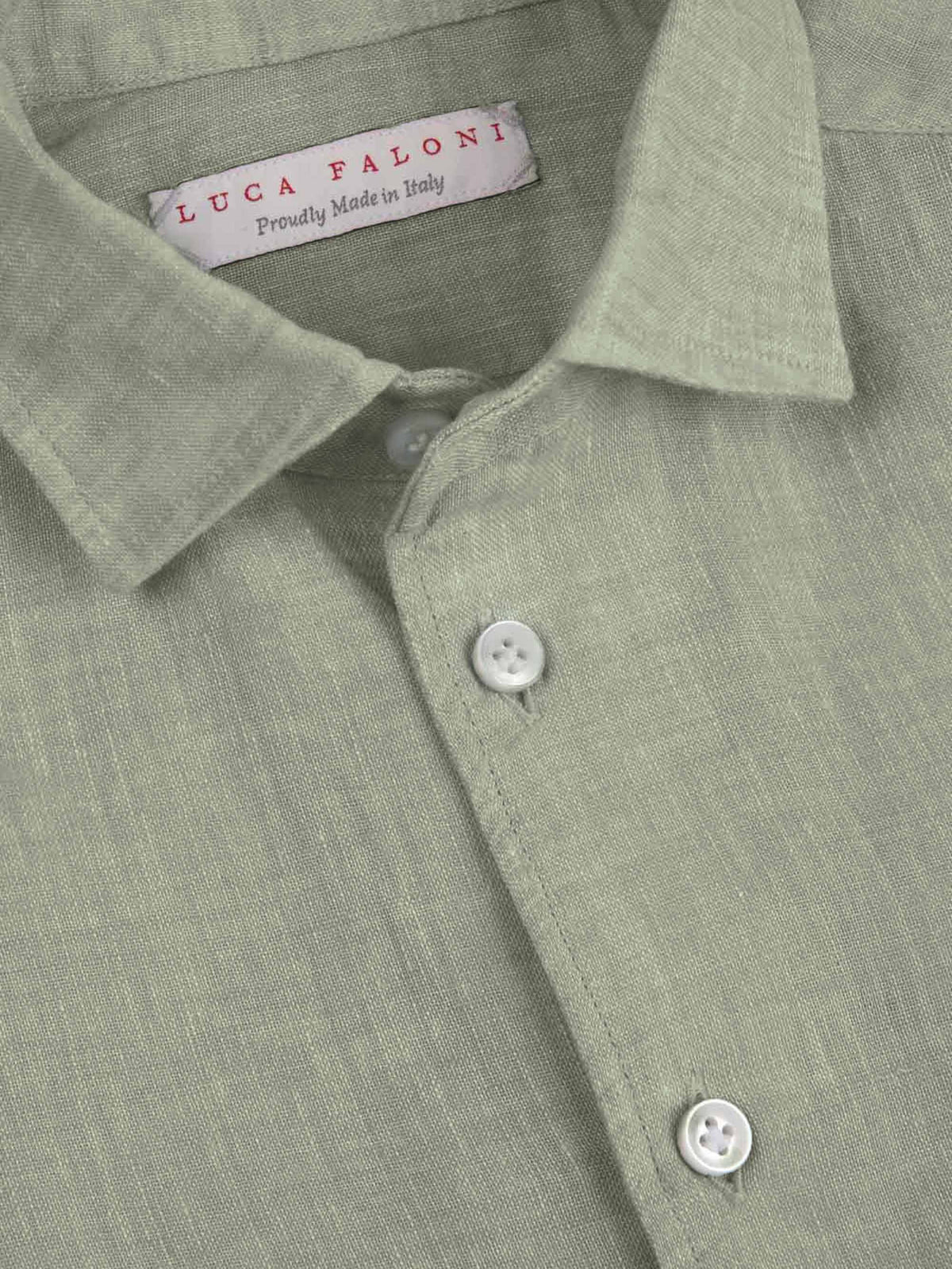 A close-up of the collar on the Sage Green Portofino Junior Linen Shirt, showcasing the Luca Faloni brand label.