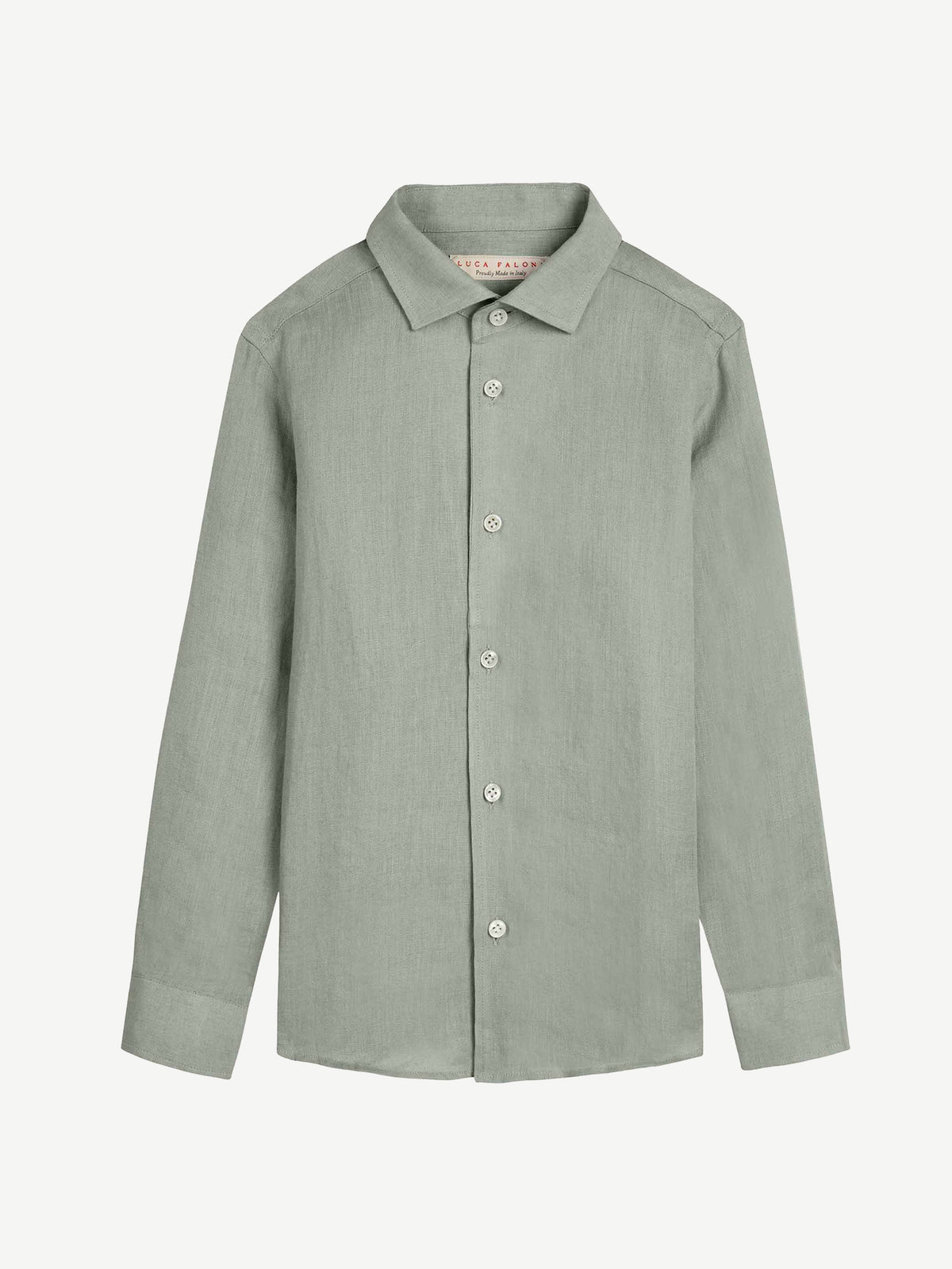 A front view of the Portofino Junior Linen Shirt in sage green, laid flat against a white background.