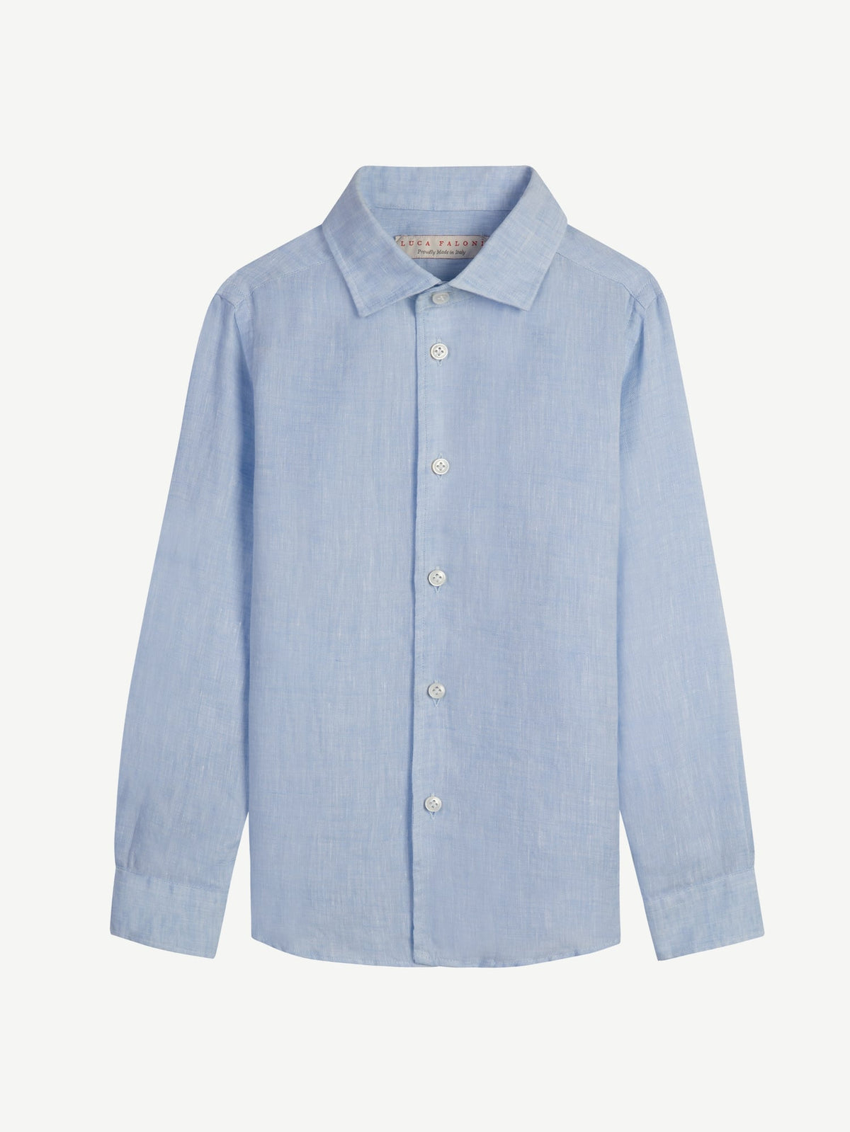 The Portofino Junior Linen Shirt in light blue, shown flat from the front.