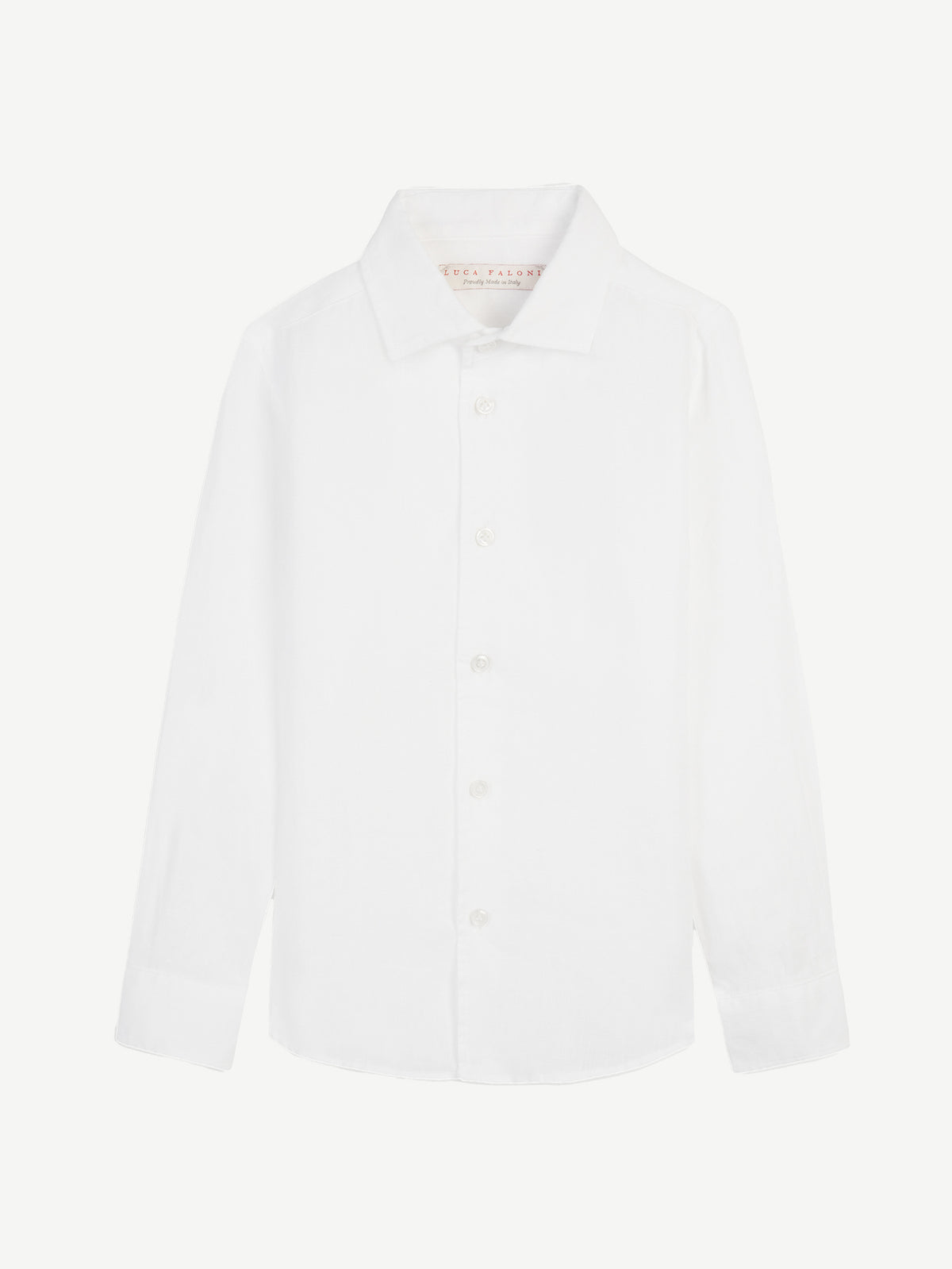 Front view of the white Portofino Junior Linen Shirt, laid flat on a white background.