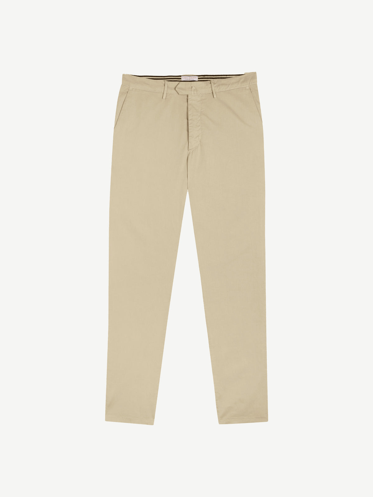 Front view of the beige Lightweight Cotton Chinos, laid flat on a white background.