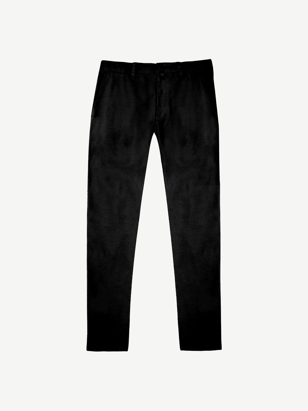 A pair of black Lightweight Cotton Chinos laid flat against a white background.