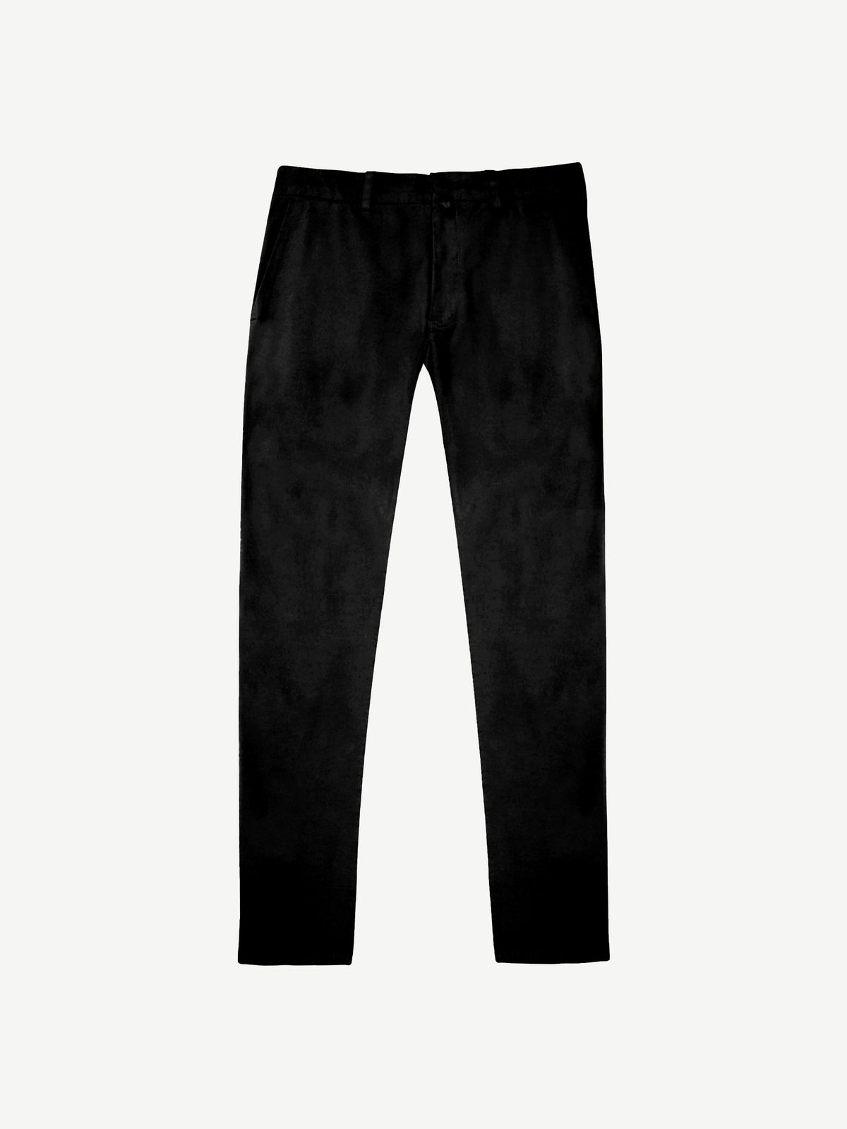 A pair of black Lightweight Cotton Chinos laid flat against a white background.