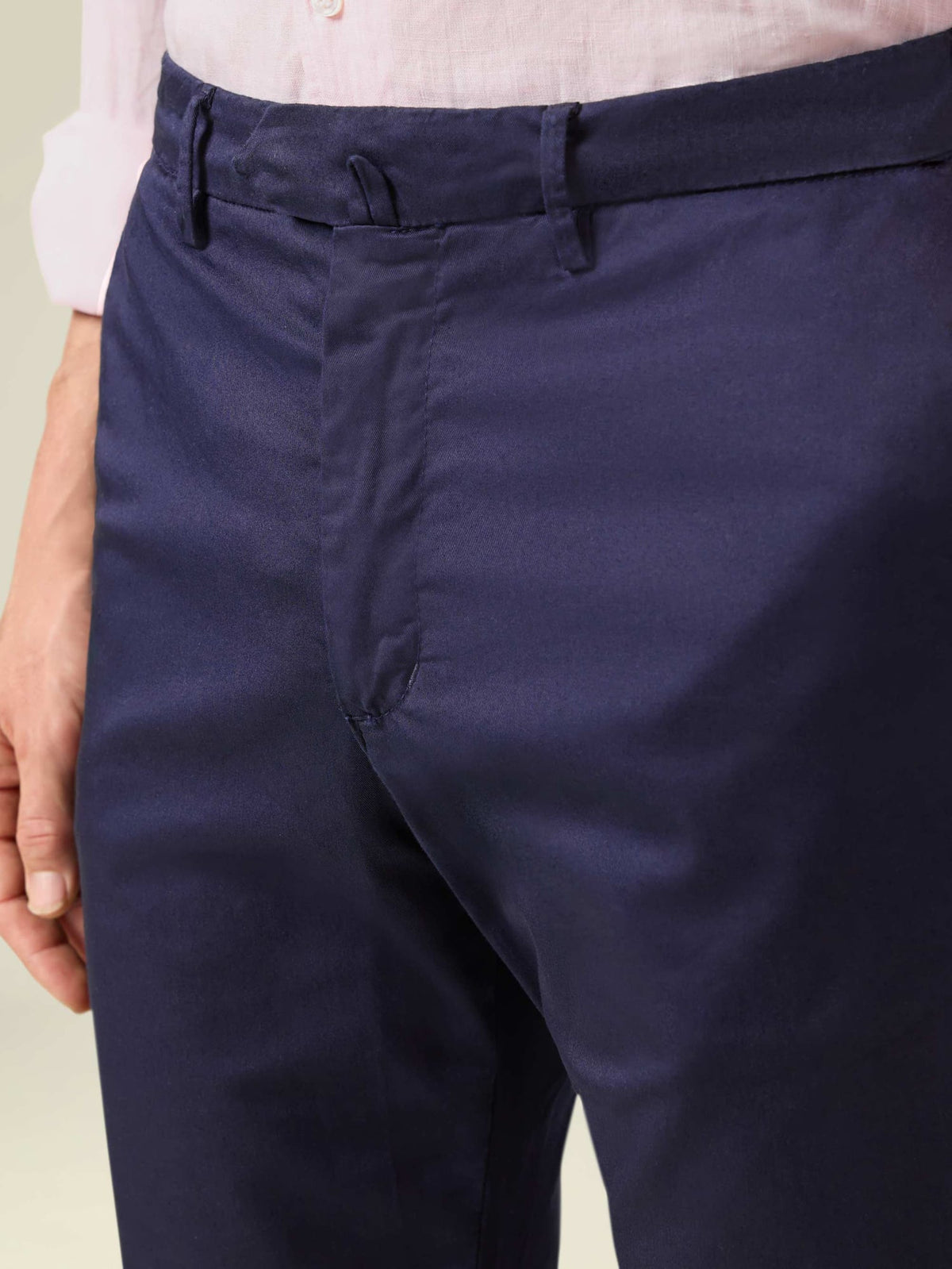 A close-up of the waistband and fly on the Navy Blue Lightweight Cotton Chinos, showing the texture of the whipcord cotton.