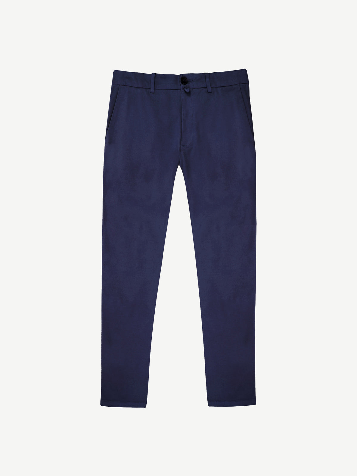 Front view of the dark blue Lightweight Cotton Chinos, laid flat against a white background.