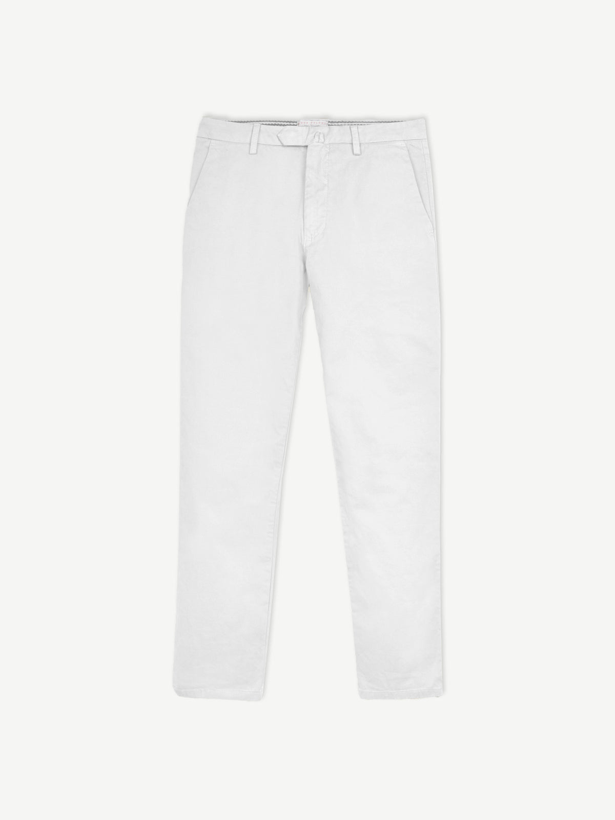 Front view of Luca Faloni's white Lightweight Cotton Chinos, laid flat.