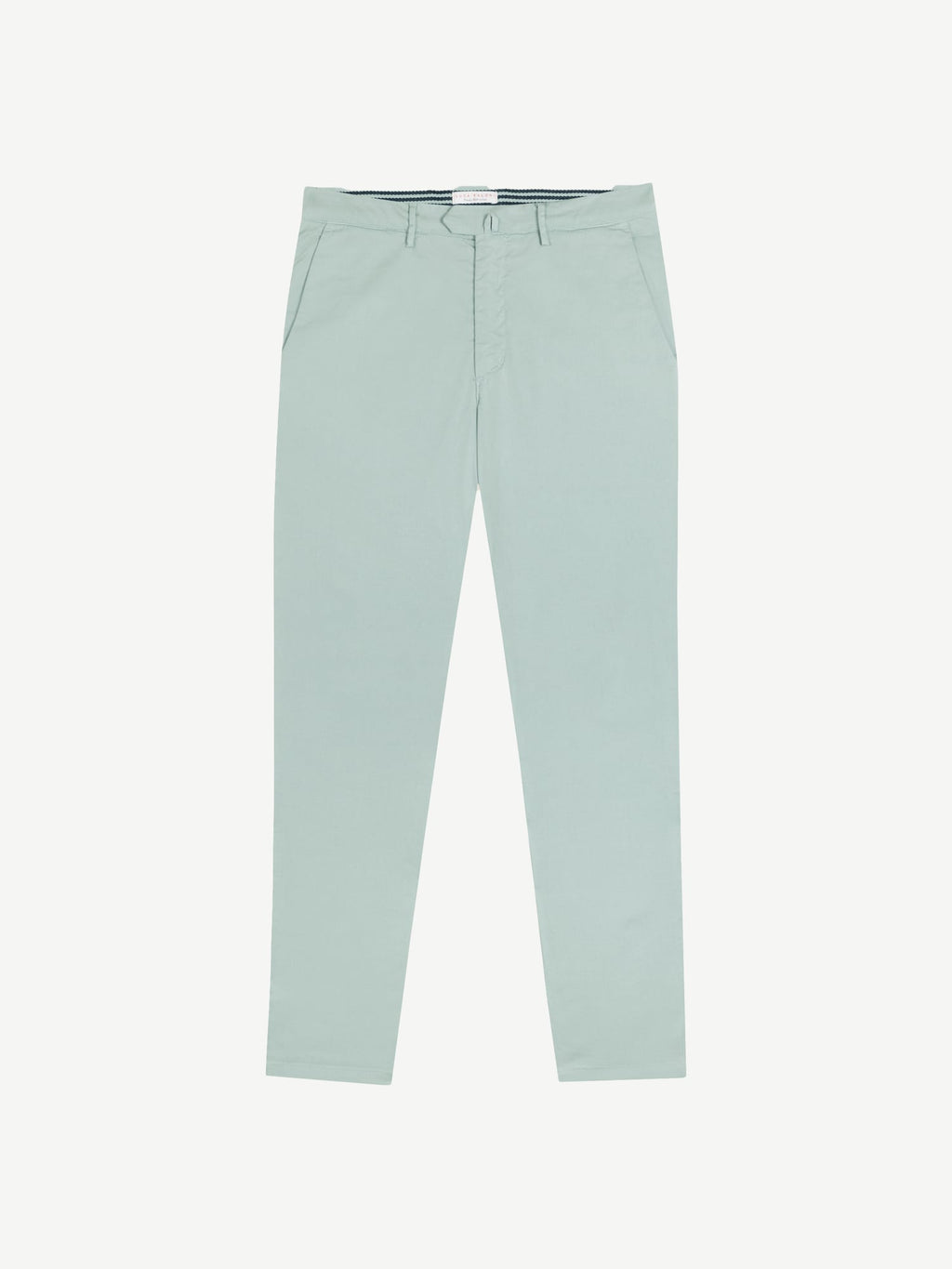 Front view of Luca Faloni's light green Lightweight Cotton Chinos, laid flat on a white background.