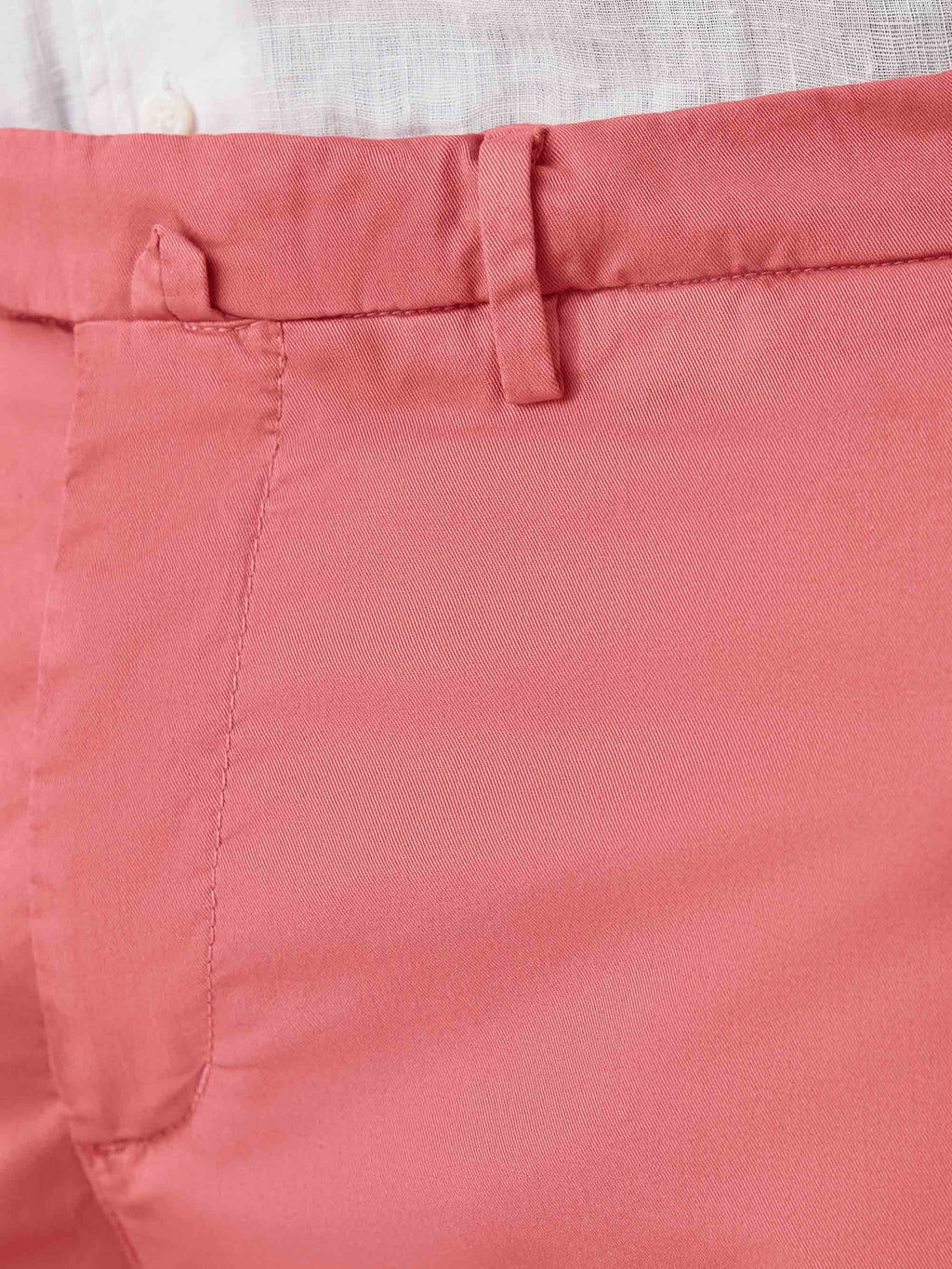 Close-up of the Strawberry Lightweight Cotton Chinos waistband, showing the belt loop and fine whipcord cotton texture.