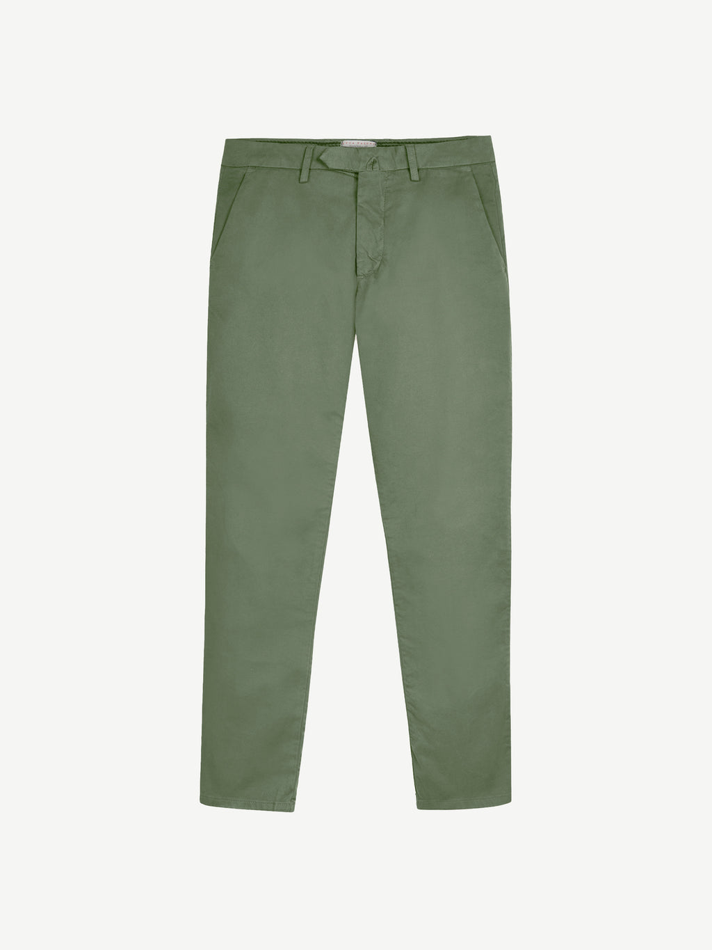 A flat-lay image of the Luca Faloni Lightweight Cotton Chinos in sage green, shown from the front.