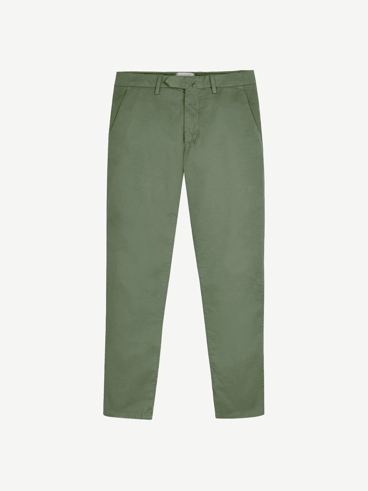 A flat-lay image of the Luca Faloni Lightweight Cotton Chinos in sage green, shown from the front.