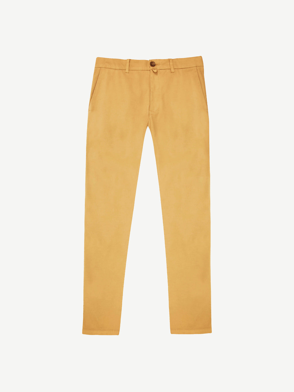 Front view of the Luca Faloni mustard yellow Lightweight Cotton Chinos, laid flat against a white background.
