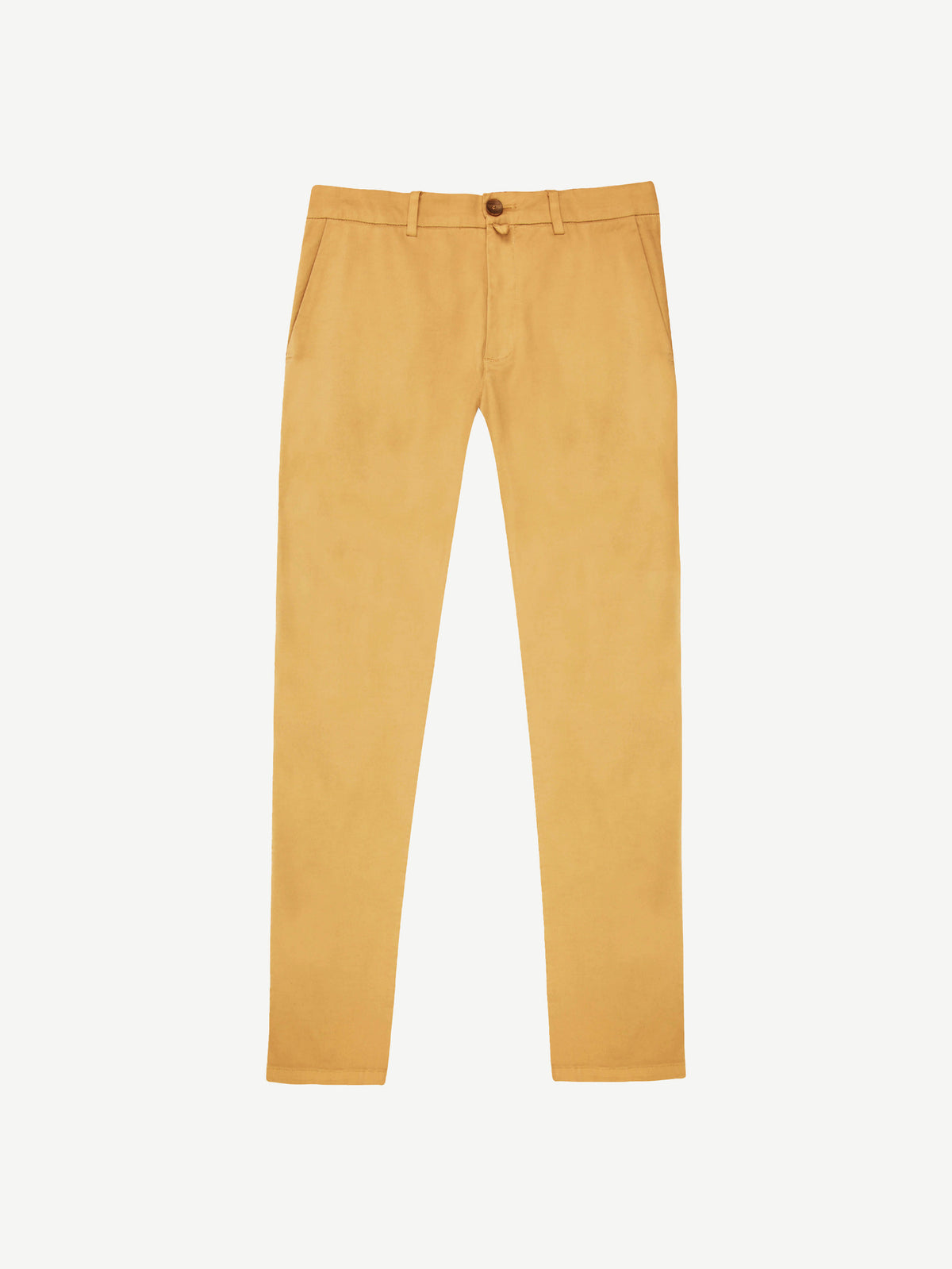 Front view of the Luca Faloni mustard yellow Lightweight Cotton Chinos, laid flat against a white background.