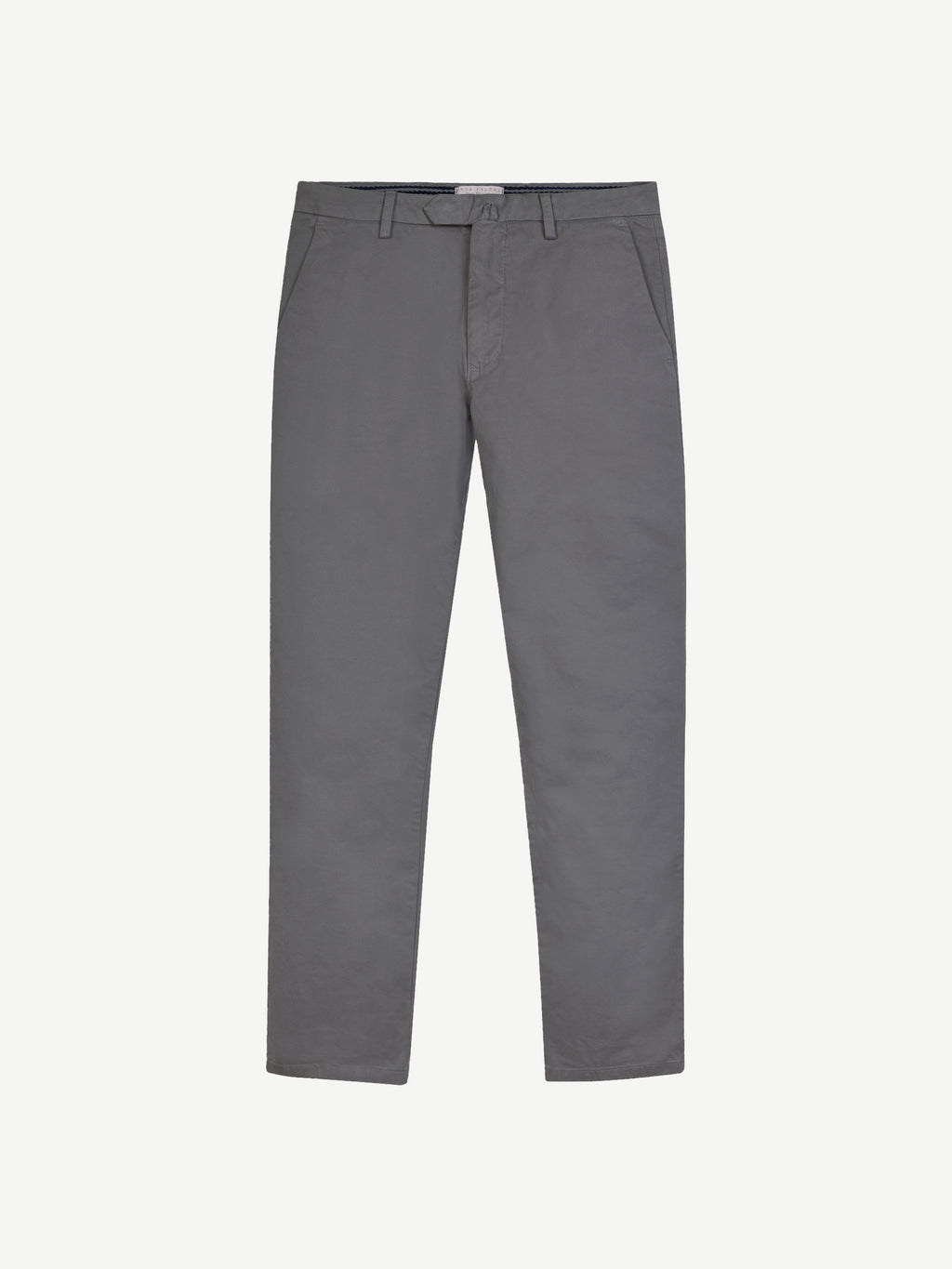 Front view of the Cortina Cotton Chinos in grey, laid flat on a white background.