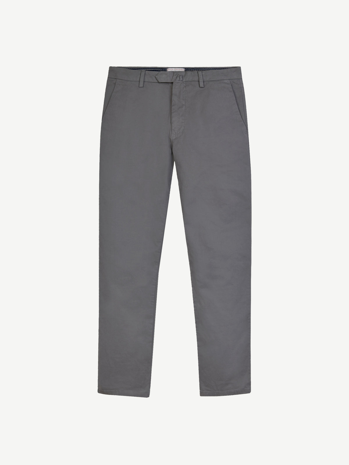 Front view of the Cortina Cotton Chinos in grey, laid flat on a white background.