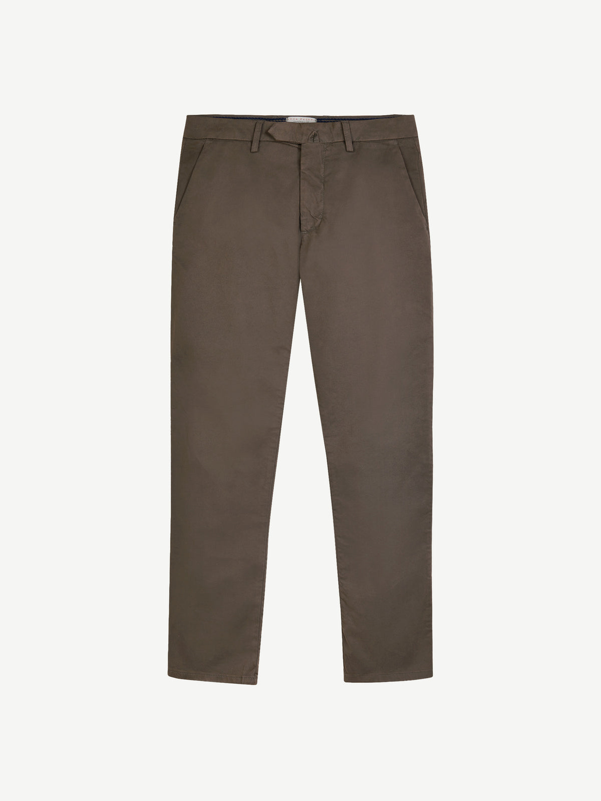 Front view of Luca Faloni's dark olive Cortina Cotton Chinos, laid flat against a white background.