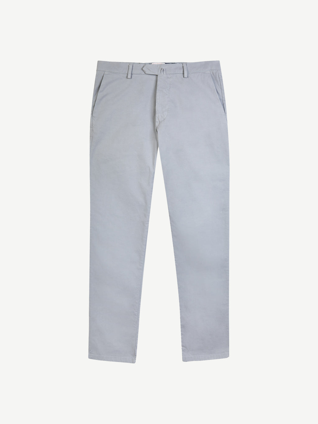 A front view of the light grey Cortina Cotton Chinos from Luca Faloni, laid flat to showcase their tapered design.