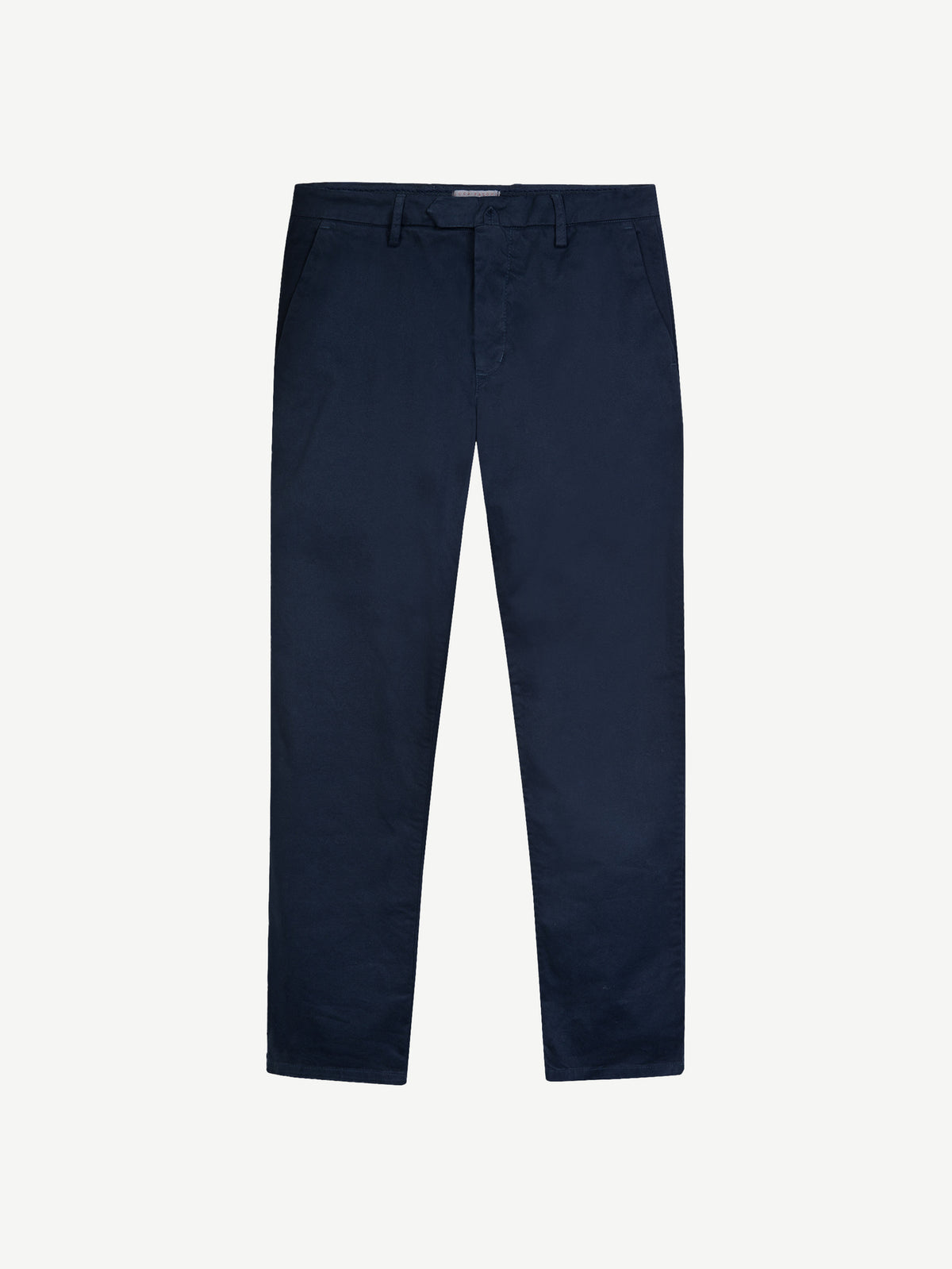 Front view of the Luca Faloni Cortina Cotton Chinos in navy blue, laid flat against a white background.