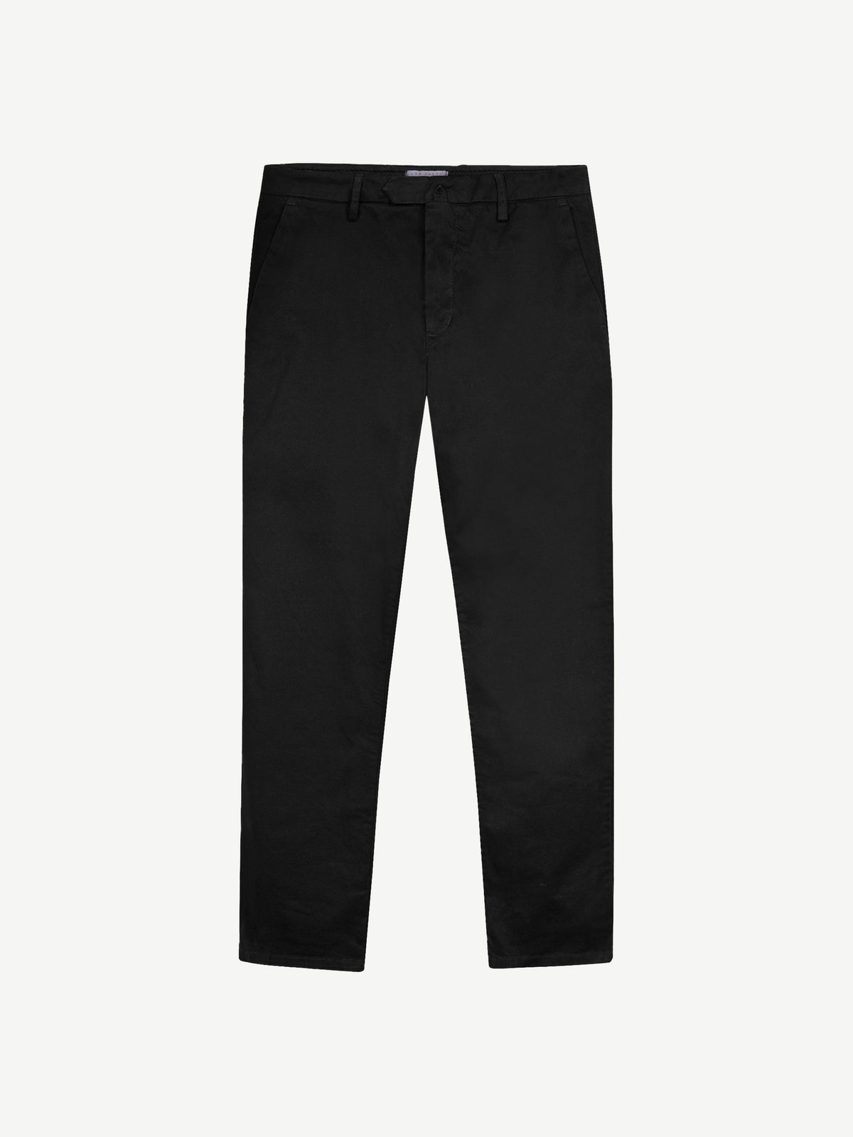 Front view of the Luca Faloni Cortina Cotton Chinos in black, laid flat.