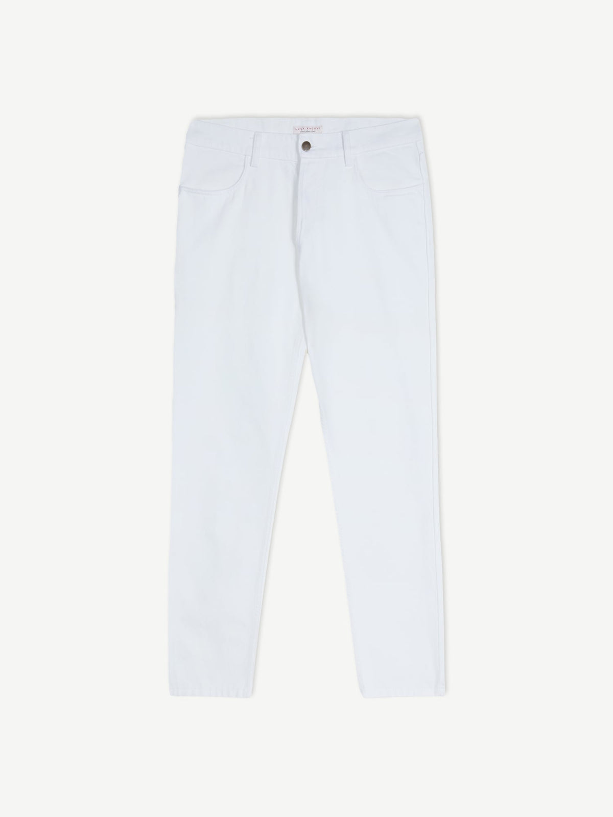 A pair of white denim jeans from Luca Faloni, laid flat to show the front view on a white background.