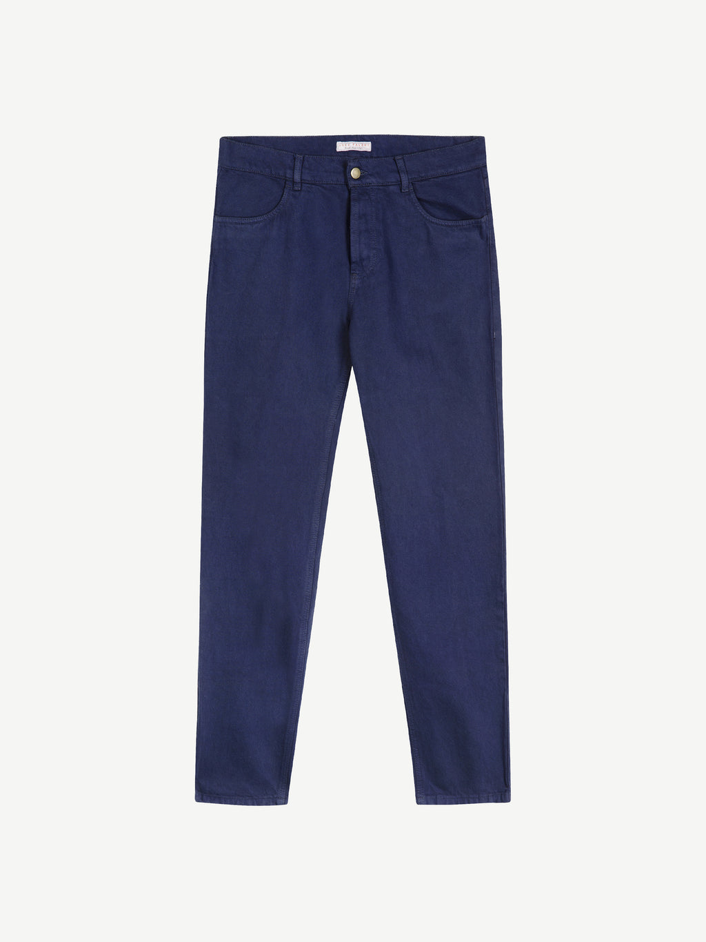 Front view of Luca Faloni's dark-aged wash jeans, laid flat against a white background.