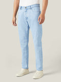 A model wears Luca Faloni's light blue tapered jeans, styled with a white t-shirt and off-white sneakers.